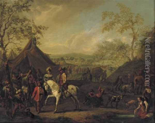 An Elegant Company On Horseback By A Camp In A Wooded Landscape Oil Painting - Carel van Falens