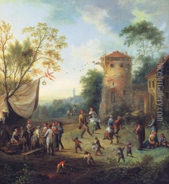 Village Day Oil Painting - Johann Christian Vollerdt or Vollaert