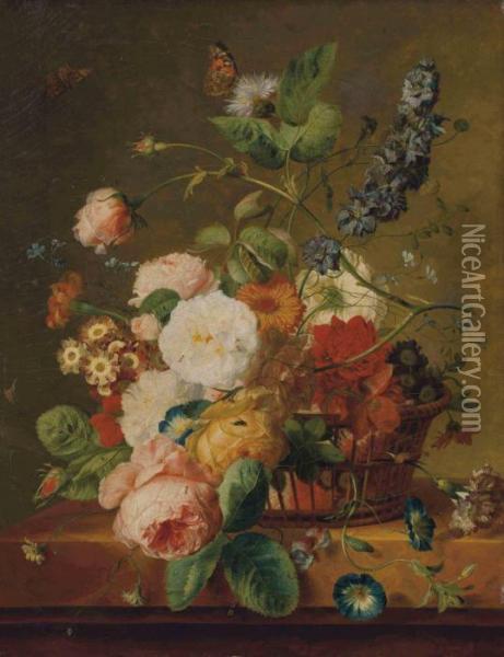 Fleurs Dans Une Corbeille Avec Des Papillons Oil Painting - Jan Van Huysum
