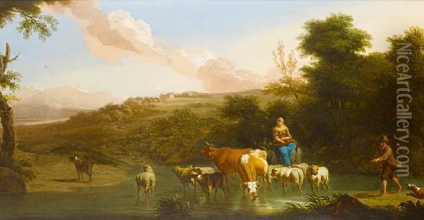 Shepherds Grazing Their Cattle Before An Open Italianate Landscape Oil Painting - Abraham Jansz Begeyn