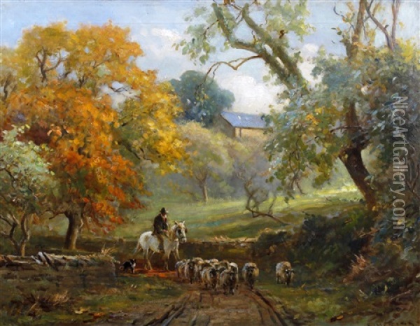 Drover And Sheep In A Lane Oil Painting - Ernest Higgins Rigg