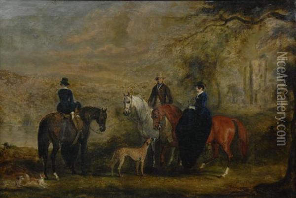 Riding Party In A Landscape Oil Painting - John Jnr. Ferneley
