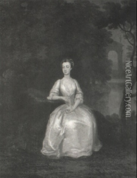 Portrait Of A Lady, Seated In A Lake Landscape Oil Painting - Charles Philips