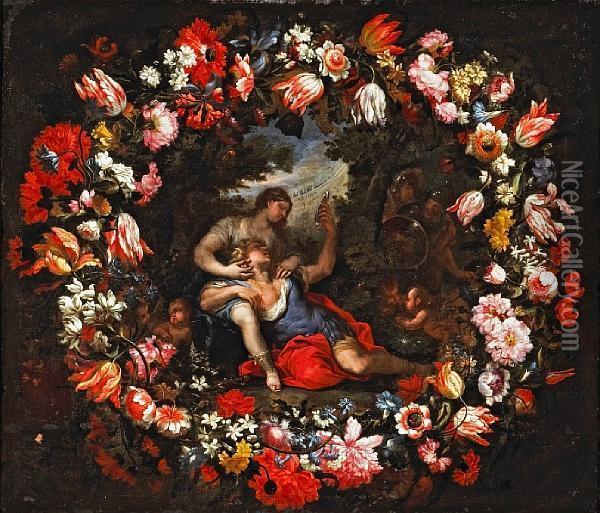 Rinaldo In The Arms Of Armida Within A Garland Of Parrot Tulips Oil Painting - Mario Nuzzi Mario Dei Fiori