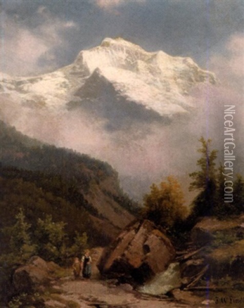 Mountain Landscape With Figures On A Path Oil Painting - Johann Wilhelm Lindlar