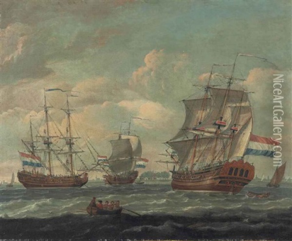 The Huis Te Bloemendaal In Three Positions In Choppy Waters, A Coast With Churches And Other Buildings Beyond Oil Painting - Johannes de Blaauw