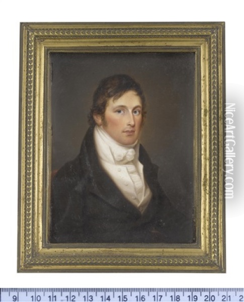 Portraits Of Mr And Mrs James Blair (1789-1841): The Former, Wearing Black Coat...; The Former, Wearing White Gown Gathered Under Her Empire Line (pair) Oil Painting - James Leakey