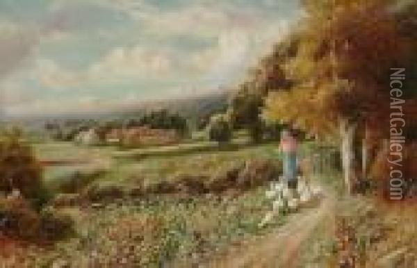 Country Landscapes, Thought To 
Be A View In Warwickshire With Girl Tending Geese And A View In 
Haslemere, Surrey, With Children Playing By A Pond Oil Painting - Robert John Hammond