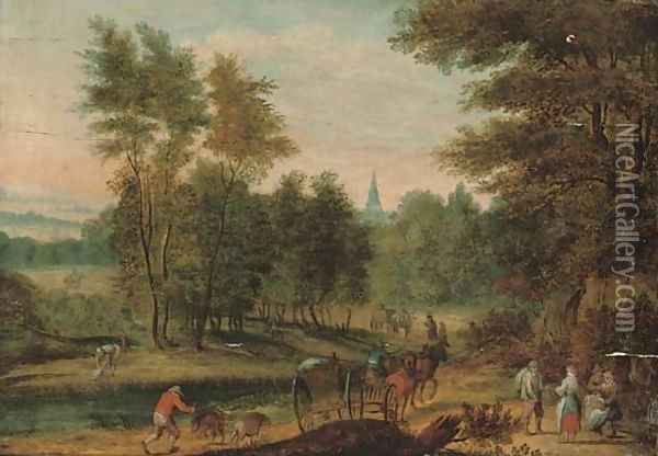 A wooded river landscape with travellers on a track, a church beyond Oil Painting - Jan Brueghel the Younger