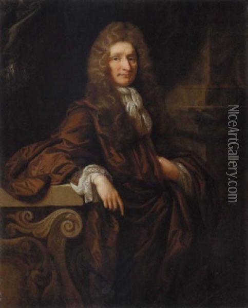 Portrait Of A Gentleman In A Brown Cloak, In An Interior Oil Painting - John Riley