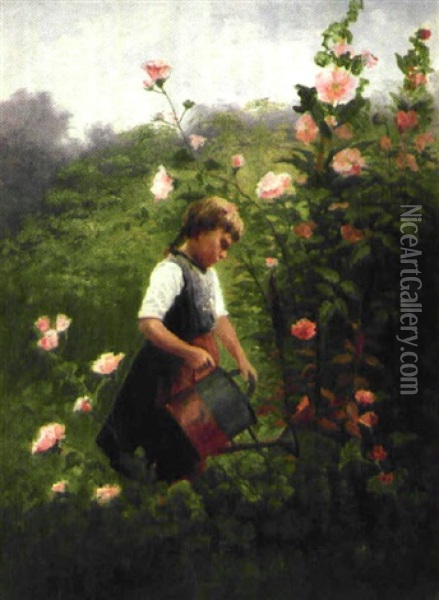 Flicka I Rosenlunden Oil Painting - Johan Severin Nilsson