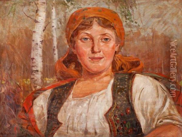 Dziewczyna W Krakowskim Stroju Oil Painting - Wincenty Wodzinowski