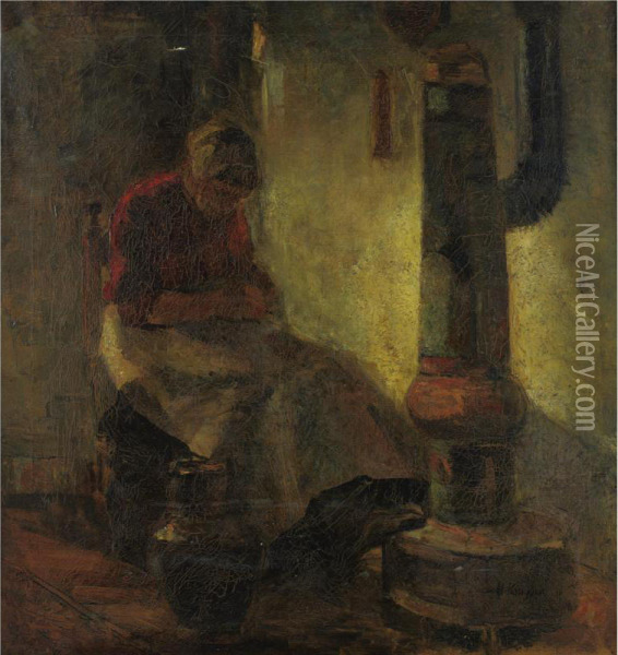 Mending By The Stove Oil Painting - Herman Kruyder