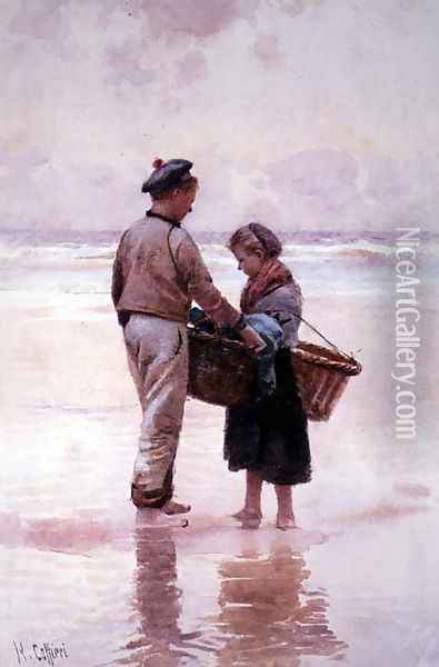 Breton Fisherchildren Oil Painting - Hector Caffieri