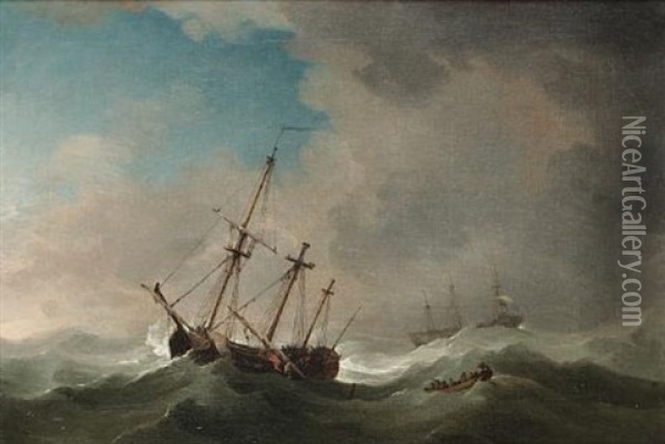 A Flagship In A Gale Shortening Sail Oil Painting - Charles Brooking