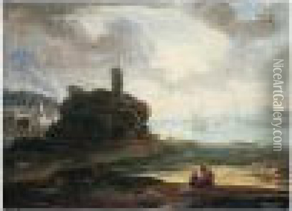 A Mediterranean Coastal Scene With A Watch-tower At Sunset Oil Painting - Johann Eismann