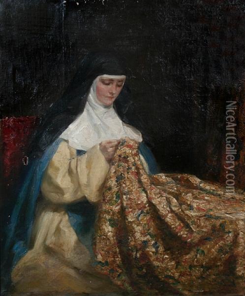 A Nun Embroidering Fabric Oil Painting - Talbot Hughes