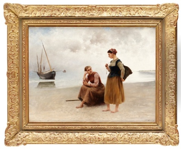 Fiskarflickor, Bretagne Oil Painting - August Vilhelm Nikolaus Hagborg