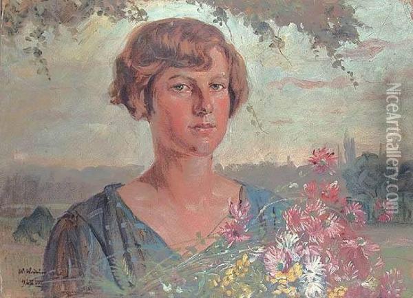 Portret Dziewczyny Z Kwiatami Oil Painting - Wincenty Wodzinowski