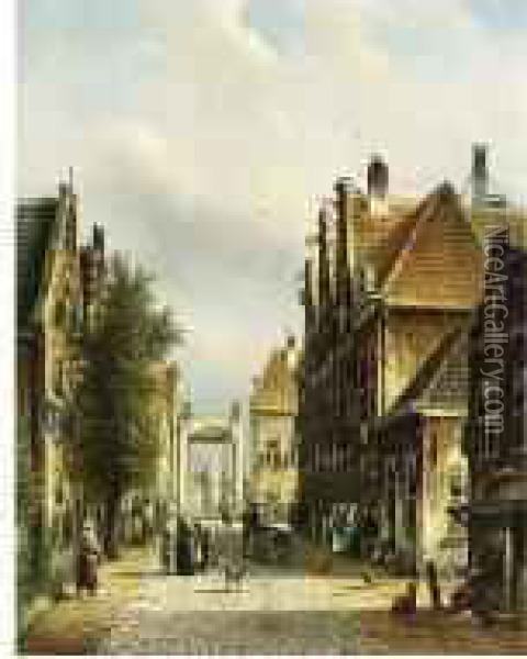 A Busy Street In A Dutch Town Oil Painting - Johannes Franciscus Spohler