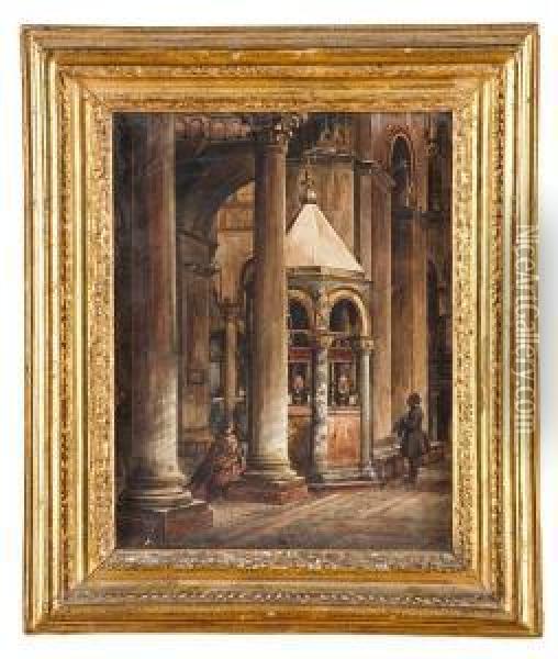 Interno Di Cattedrale Con Donna In Preghiera Oil Painting - Francesco Zanin