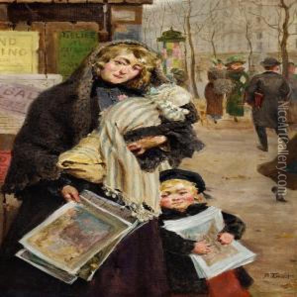 A Young Mother And Her Children Are Selling Journals On Aparisian Boulevard Oil Painting - Auguste Antoine Thivet