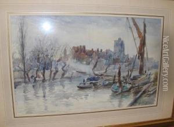 River Scene With Figures Unloading Barges Oil Painting - Herbert John Finn