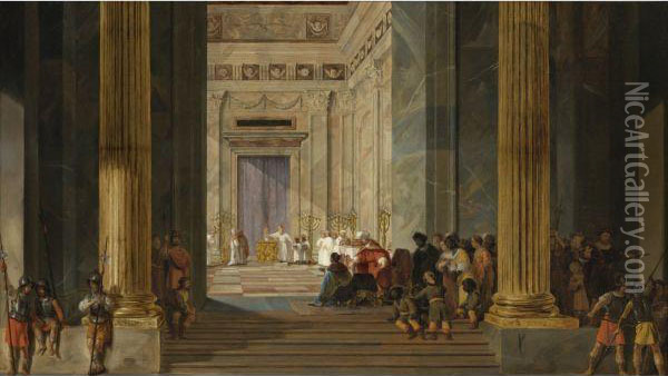 The Queen Of Sheba Before The Temple Of Solomon In Jerusalem Oil Painting - Salomon de Bray