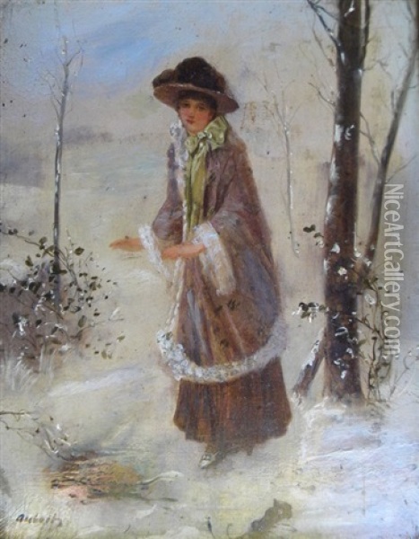 Untitled (lady By Campfire, Winter, Frozen Lake, Ice Skates) Oil Painting - Jean-Ernest Aubert
