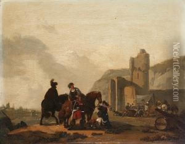 Travellers Approaching A Military Encampment Beside A Ruined Castle Oil Painting - Michel Hamon-Duplessis