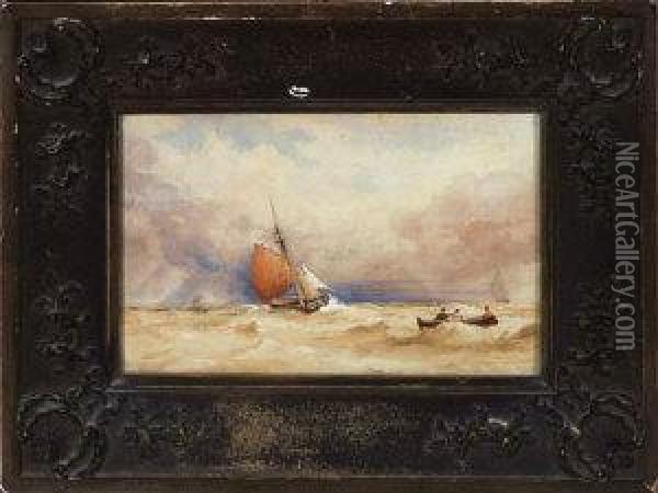 A Sailing Smack And A Rowing Boat Off The Coast Oil Painting - Anthony Vandyke Copley Fielding