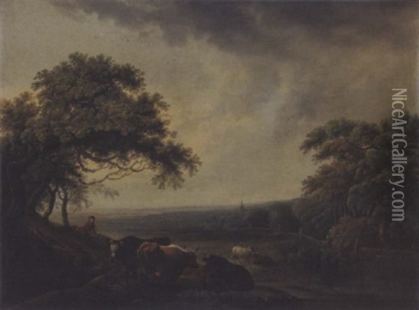 Bewolkte Landschaft Mit Hirte, Kuhen Und Schafen Oil Painting - Johann Jakob Schalch