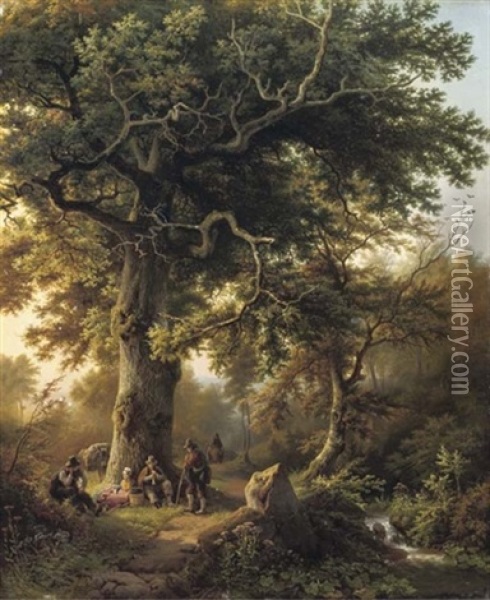 Travellers Resting Under A Tree In Late Summer Oil Painting - Barend Cornelis Koekkoek