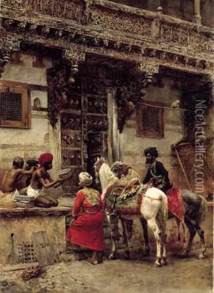 Craftsman Selling Cases By A Teak-wood Building, Ahmedabad Oil Painting - Edwin Lord Weeks