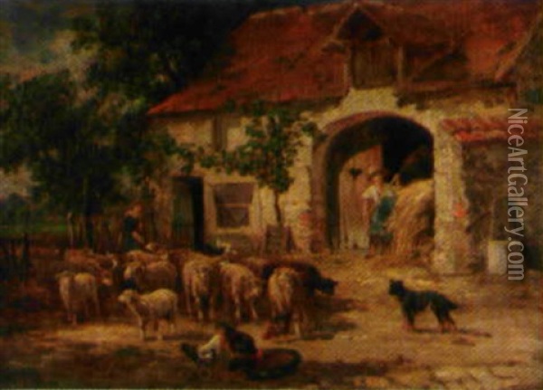 Troupeau De Moutons Dans La Cour De La Ferme Oil Painting - James Desvarreux-Larpenteur