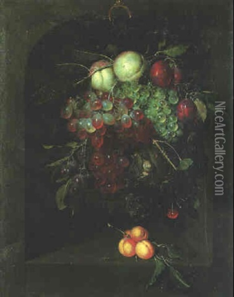 A Swag Of Fruit In A Stone Niche With A Bee Oil Painting - Nicolaes Van Gelder