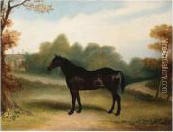 A Dark Bay Hunter In The Grounds Of A Country House Oil Painting - Claude L. Ferneley