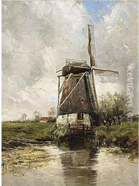 A Windmill In A Polder Landscape Oil Painting - Hermanus Jr. Koekkoek