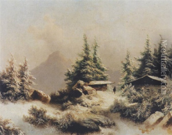 Verschneite Gebirgslandschaft Mit Alphutten Und Wanderer Oil Painting - Franz Barbarini