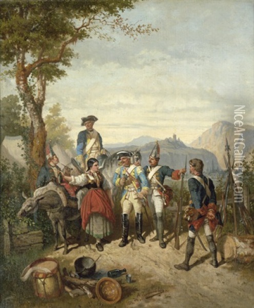 Rastende Preusische Soldaten Bei Einer Jungen Italienerin In Der Campagna Oil Painting - Alfred Touchemolin