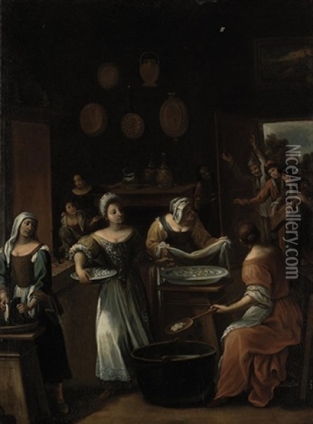 The Gnocchi Bakery: The Interior Of A Kitchen With Women Preparing Gnocchi, A Group Of Revellers Entering From The Garden Beyond Oil Painting - Antonio Mercurio Amorosi