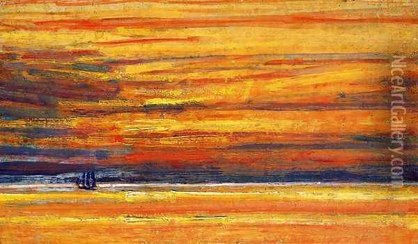 Sailing Vessel at Sea, Sunset Oil Painting - Childe Hassam