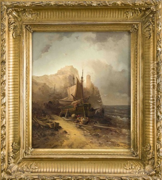 Fischerboot An Felsiger Kuste Mit Leuchtturm Oil Painting - Franz Emil Krause