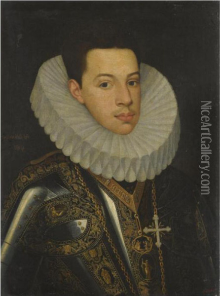 Portrait Of Prince Felipe 
Emmanuele (1586-1605) Of Savoy, Halflength, Wearing The Badges Of The 
Orders Of The Annunziata And St.mauricius And Lazarus Oil Painting - Juan Pantoja de la Cruz
