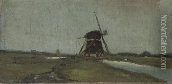 A Windmill Along A Stream Oil Painting - Jan Hendrik Weissenbruch