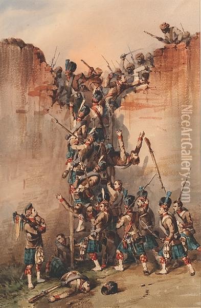 The 93rd Sutherland Highlanders Storming The Walls Of Begum Kothi Oil Painting - Orlando Norie