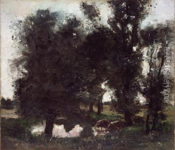 Kuhe Am Weiher Oil Painting - Lesser Ury