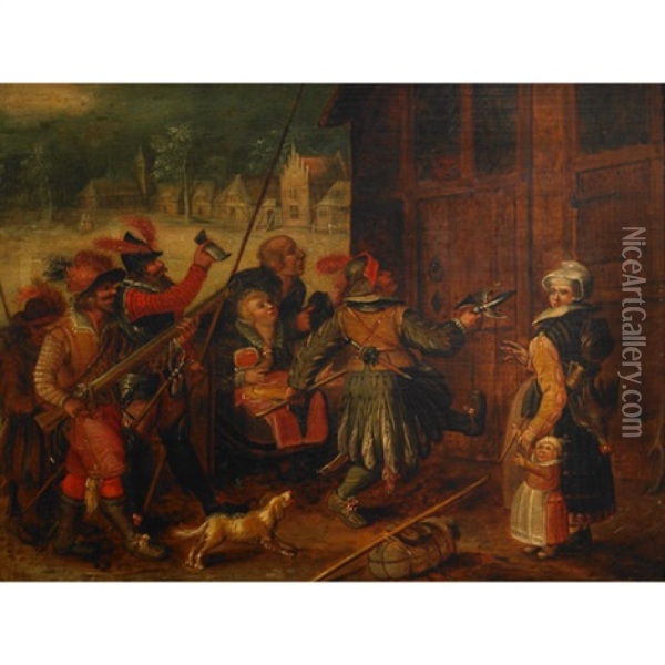 Spanish Soldiers And Village Onlookers Oil Painting - Johannes (Jan) Vinckeboons