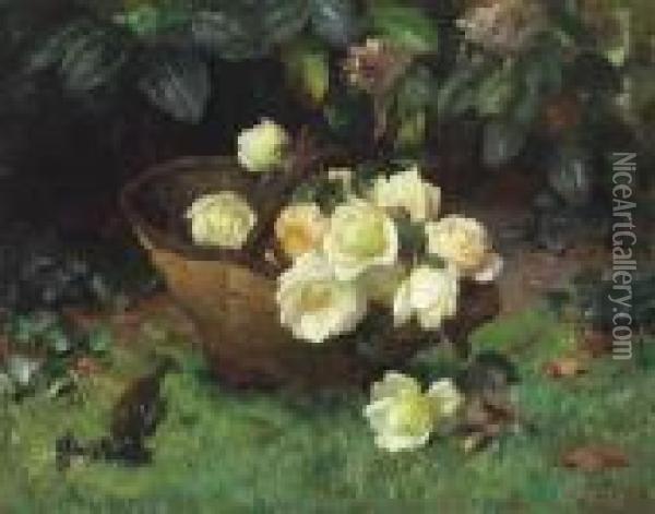A Basket Of Yellow Roses Oil Painting - Eugene Joors
