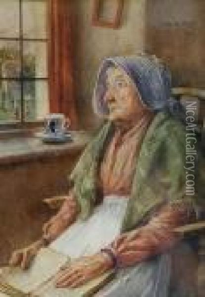 An Elderly Woman Reading, A Cup Of Tea Nearby Oil Painting - Claude Pratt